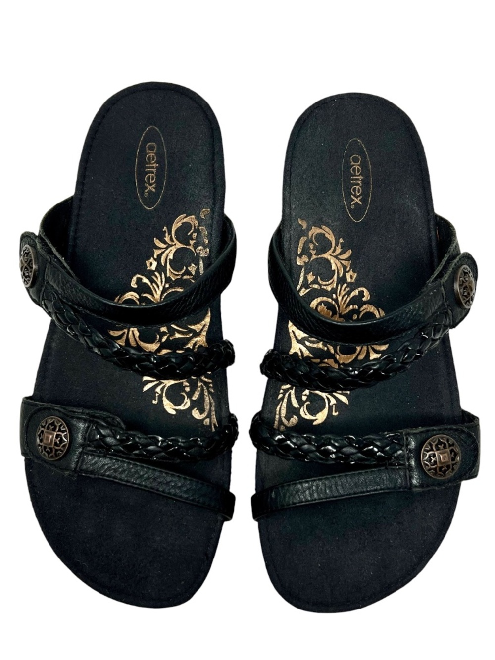 Women's Aetrex Janey Braided Slide Black Leather Slip On Sandal size 8 - Picture 5 of 13